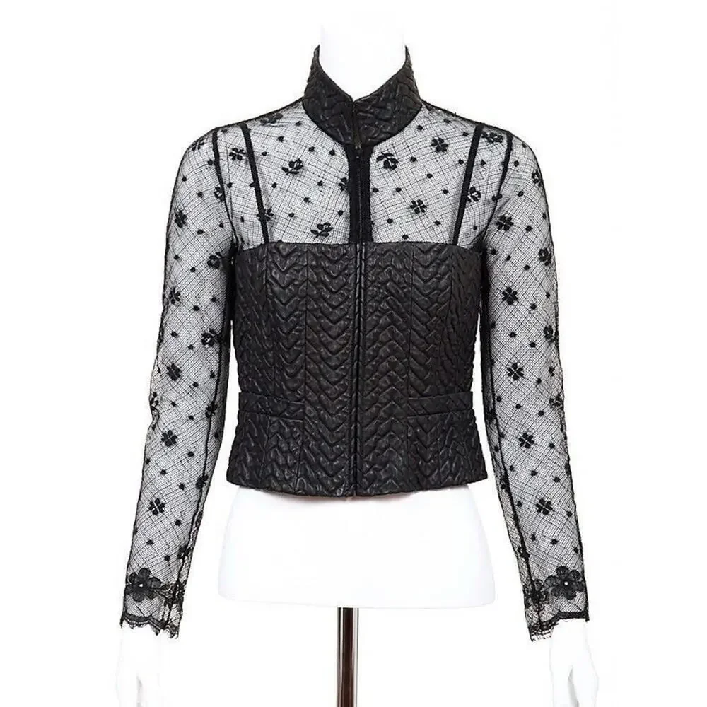 03A CHANEL Leather Lace Black Top 2003 Rare Long Sleeve FR-36 Blouse Jacket